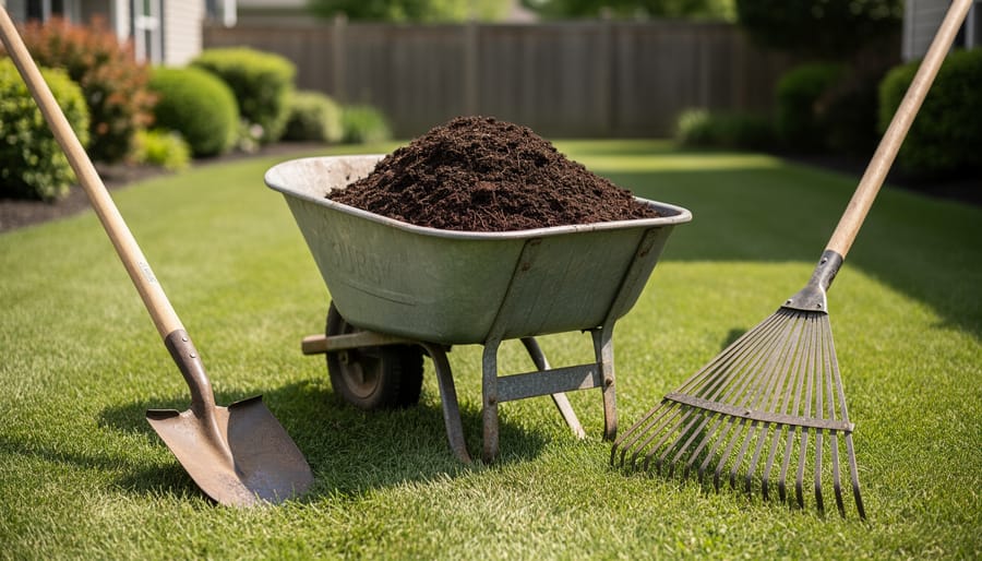 Overhead view of wheelbarrow with compost and gardening tools on lawn ready for topdressing