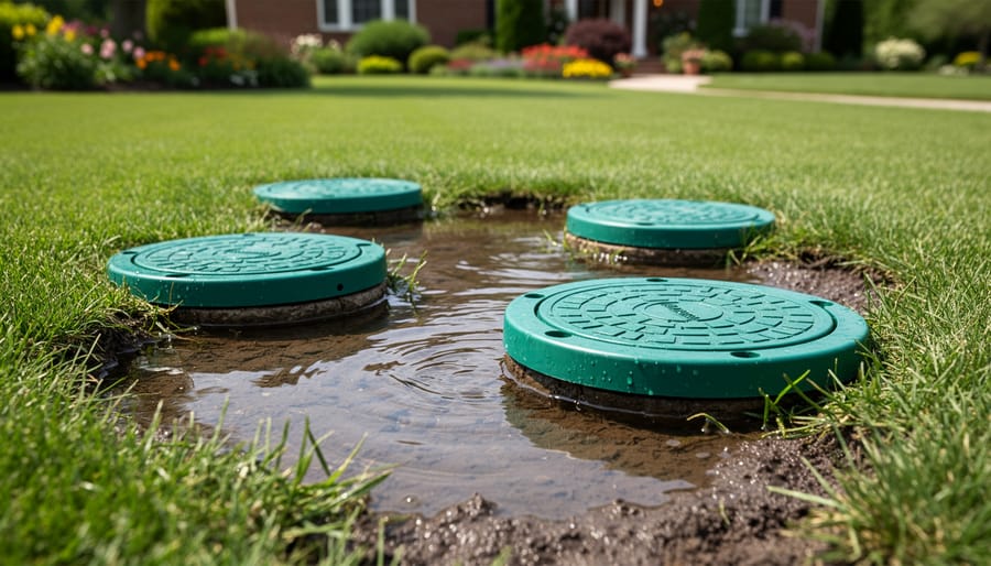 Water leaking and pooling around irrigation valve box on residential lawn