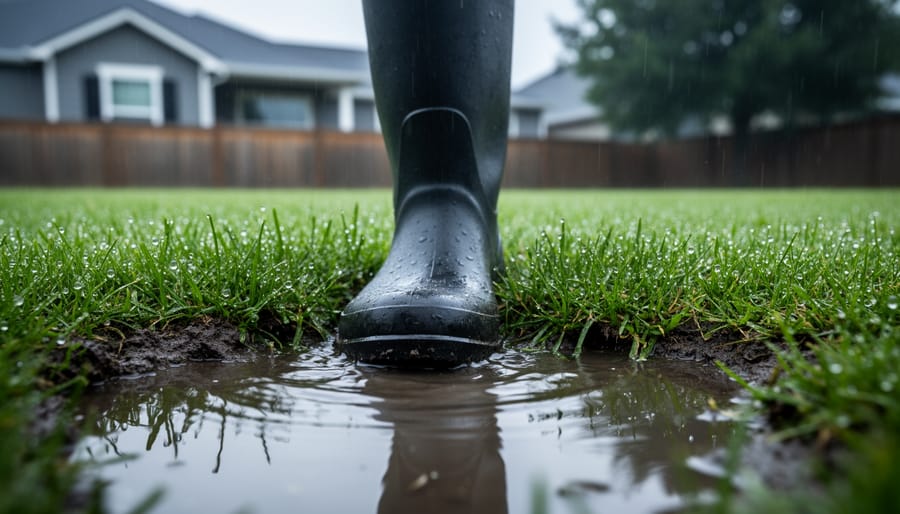 Ground-level close-up of a rubber rain boot sinking into a waterlogged lawn with shallow puddles and saturated grass, with a blurred suburban house and fence in the background under overcast light.