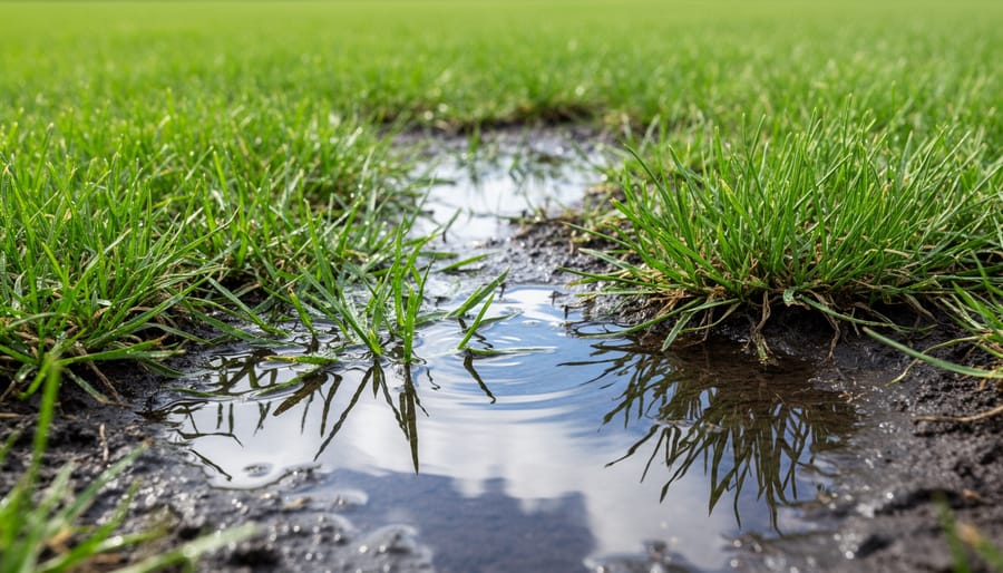 Waterlogged residential lawn with standing water puddles and soggy grass