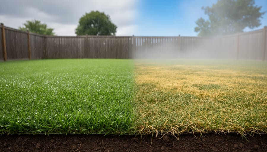 Green lawn grass with water droplets under dramatic cloudy sky after rainfall