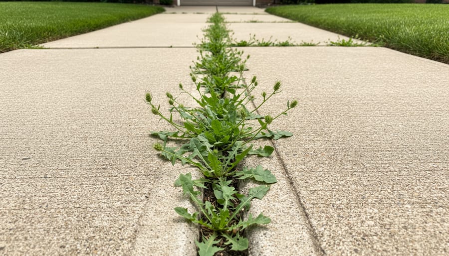 Weeds growing through cracks in concrete driveway pavement