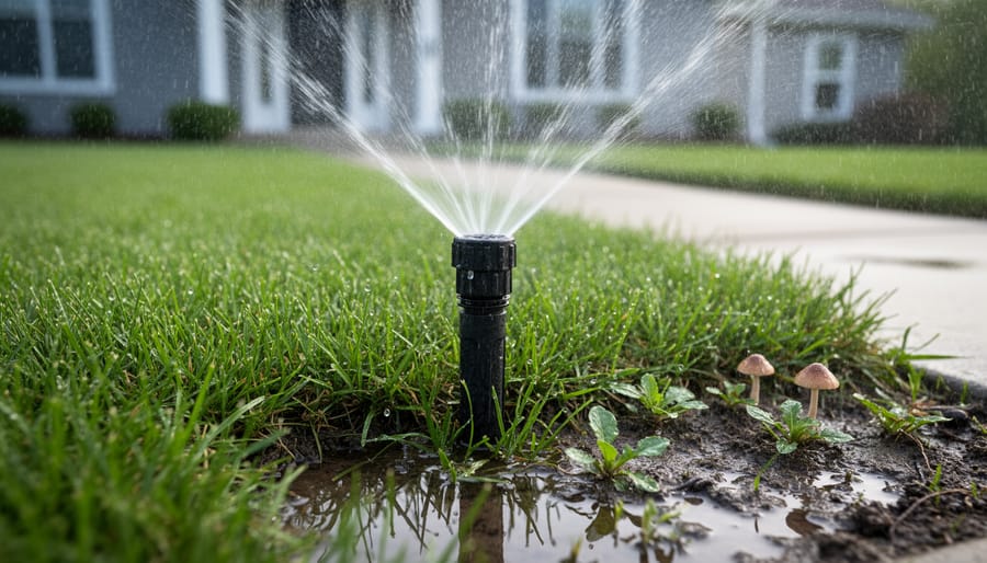 Ground-level view of a pop-up sprinkler soaking a waterlogged suburban lawn with puddles, small mushrooms, and sprouting weeds, with a blurred house and walkway in the background.