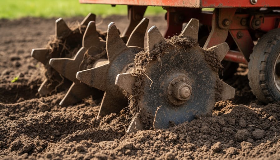 Close-up of dirty, worn tiller tines showing soil buildup and dull cutting edges