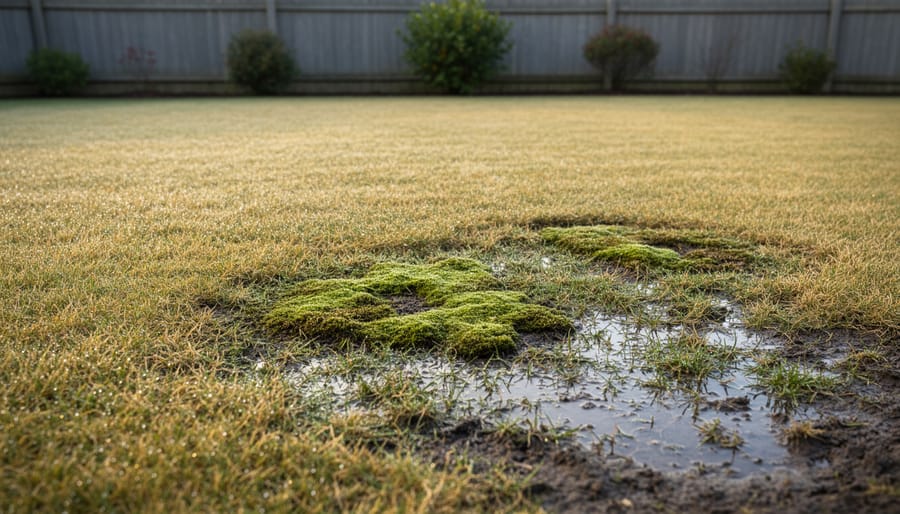 Patchy lawn showing yellowing grass, moss growth, and thinning turf from waterlogging
