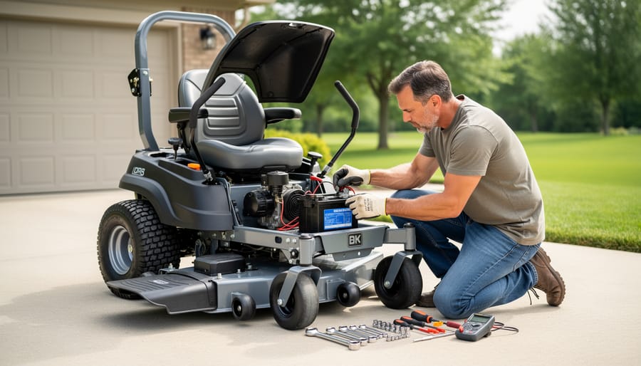 Zero-turn mower with hood open revealing engine compartment on residential lawn