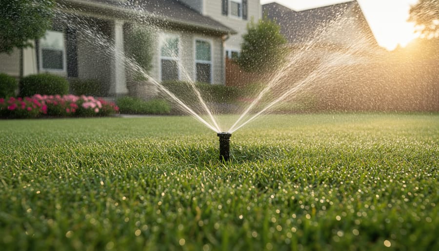 Ground-level view of healthy zoysia grass being watered by a rotary sprinkler in soft early morning light, with sparkling droplets and a blurred suburban yard and house in the background.