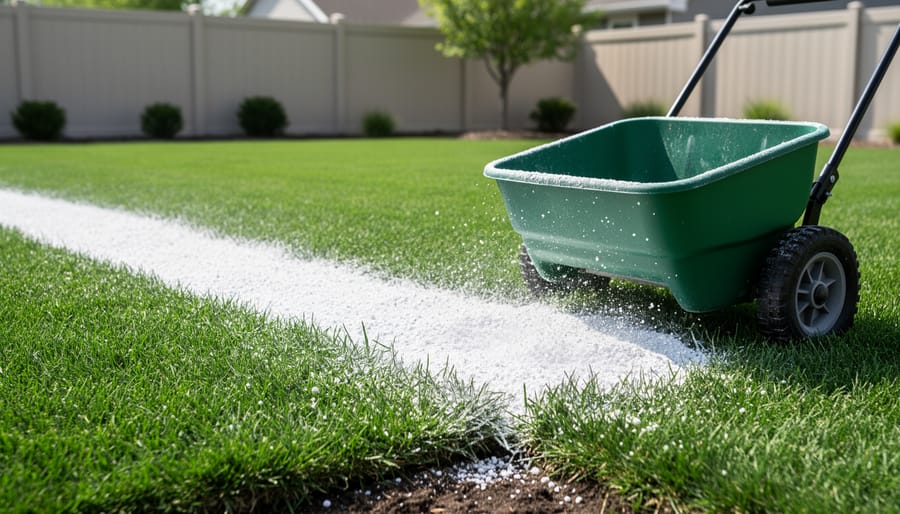 Homeowner applying lime to lawn using broadcast spreader