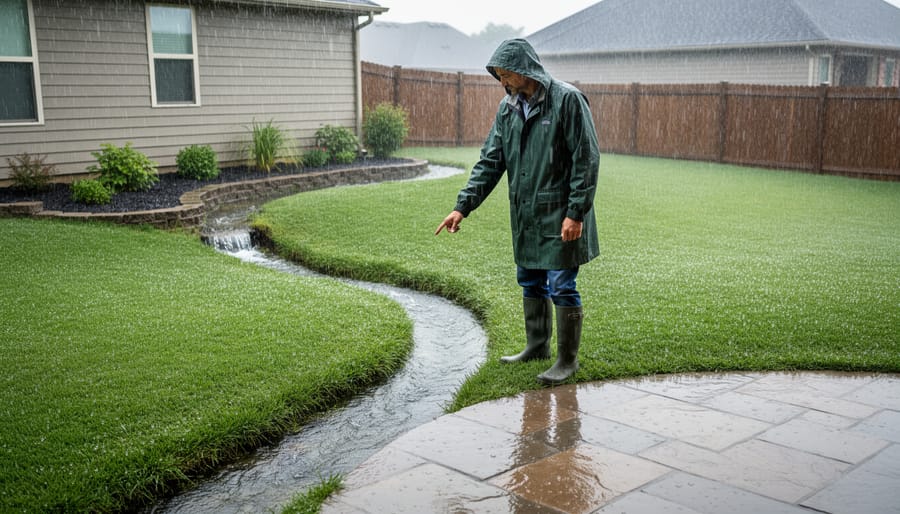 Homeowner observing and documenting water flow patterns in yard during rain
