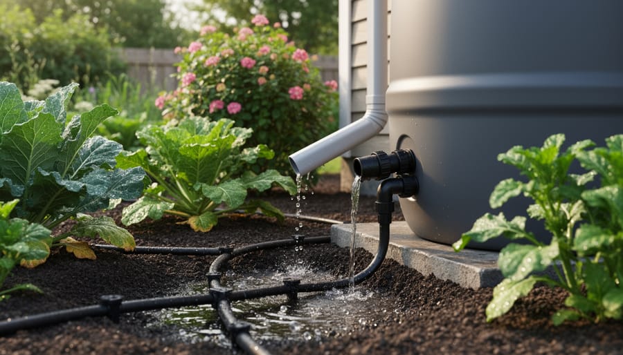Thriving vegetable garden with automated drip irrigation system watering plants