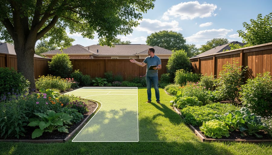 Aerial view of backyard showing sunlight and shadow patterns across lawn and garden areas