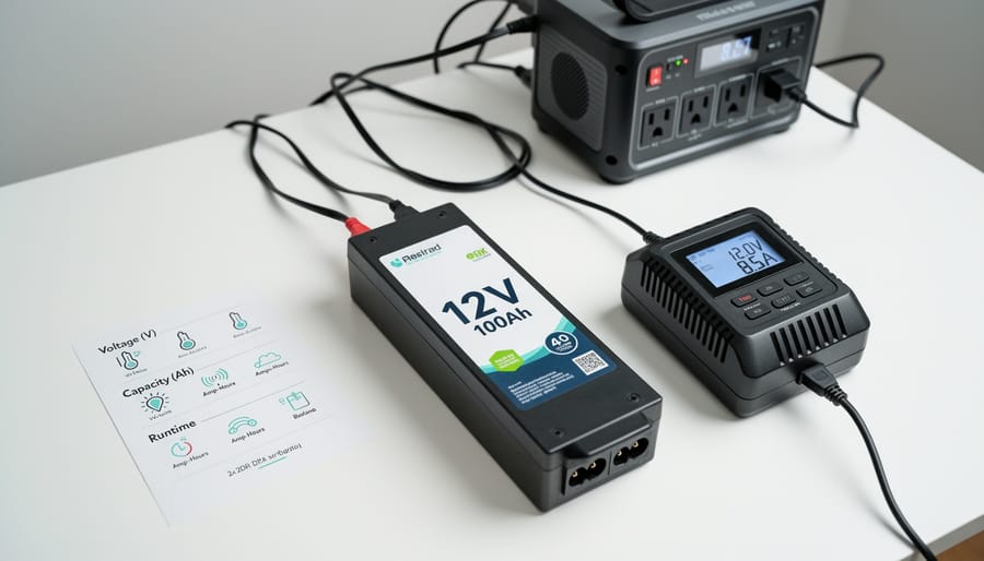 Close-up of battery specifications label showing voltage and amp-hour capacity