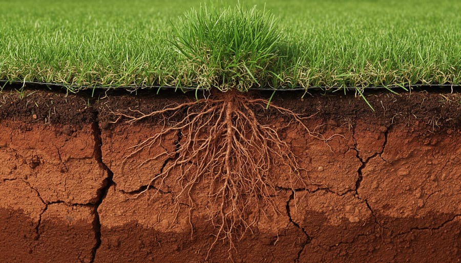 Macro view of grass roots growing through dense clay soil