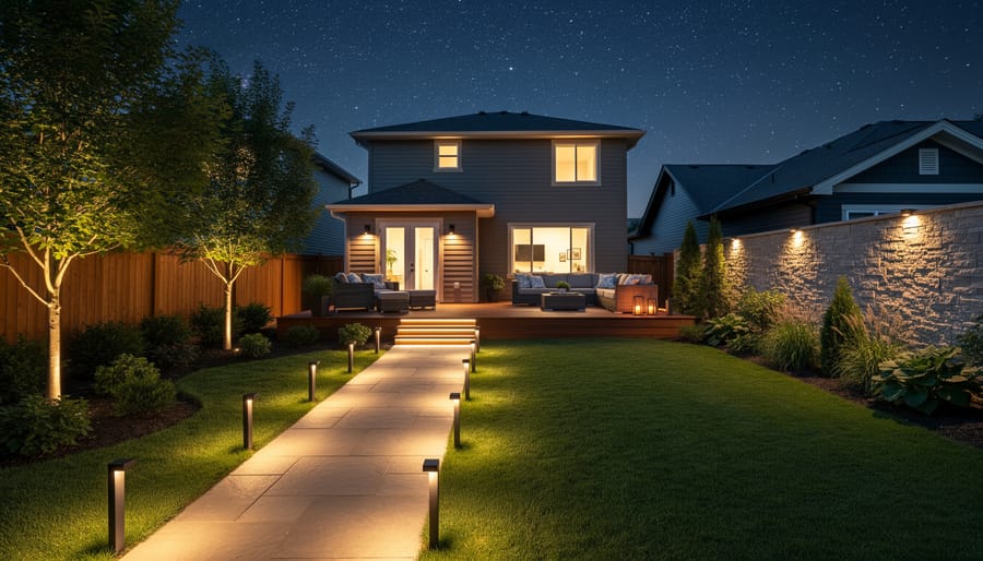 Professionally lit backyard showing uplighting, pathway lights, and garden accent lighting at night