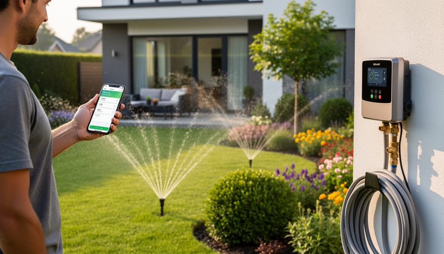Person adjusting smart irrigation timer control panel for rainwater pump system