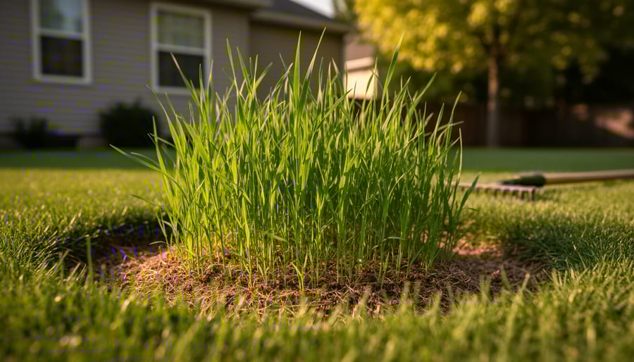 Close-up, ground-level view of lush disease-resistant grass and fresh seedlings overtaking a small brown patch, lit by warm side sunlight with a softly blurred suburban house, trees, and yard tools in the background.