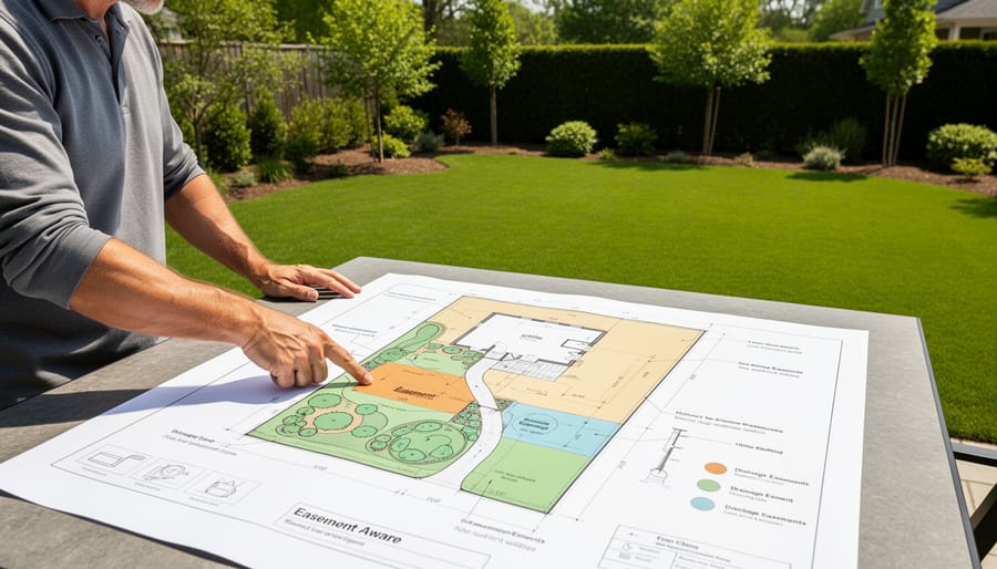 Hand-drawn yard planning sketch with colored zones marking utility easements and landscape design
