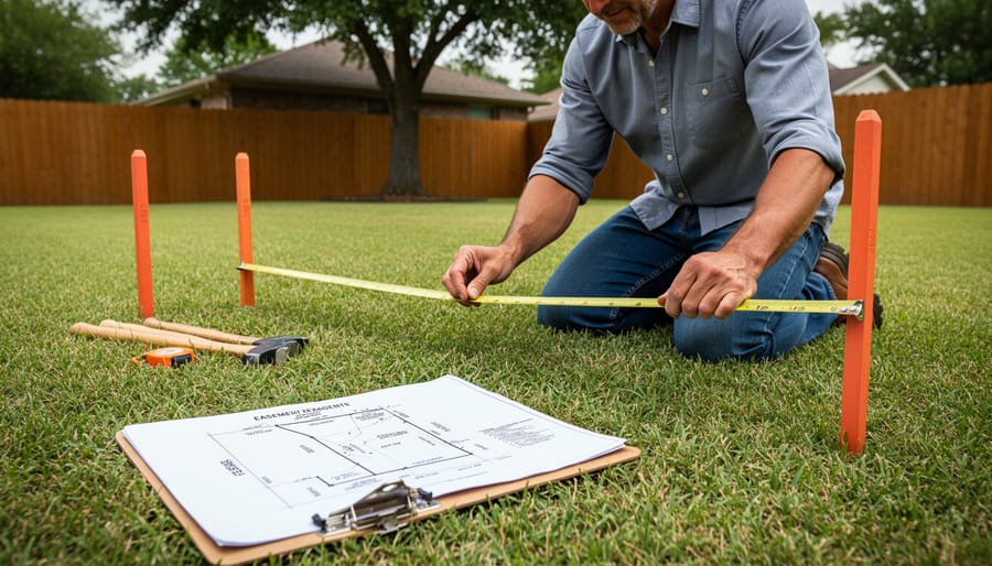 Homeowner measuring and marking yard boundaries with tape measure and stakes