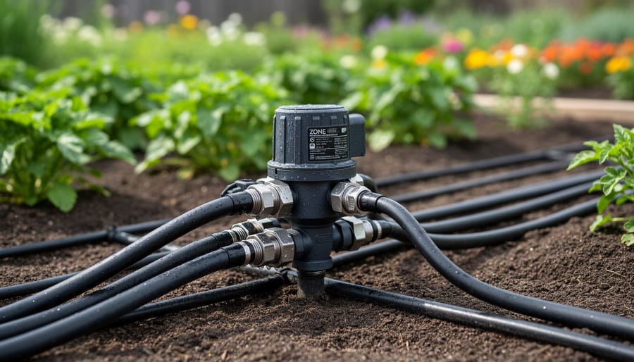 Close-up of drip irrigation zone valve with solenoid mounted on pipe in garden