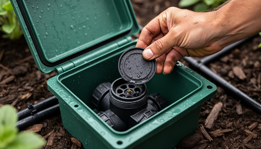 Close-up of an open irrigation valve box with a person’s hand lifting the diaphragm and filter screen from a drip irrigation zone valve, with mulch, drip tubing, and garden plants softly blurred in the background.