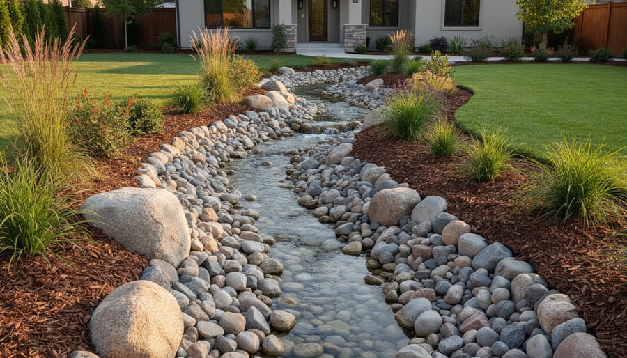 Decorative dry creek bed with river rocks providing drainage in landscaped yard
