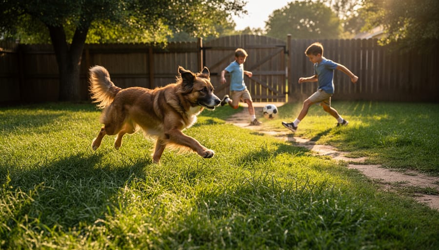 Dog sprinting while children play soccer on a lush, resilient tall fescue/ryegrass backyard lawn at golden hour, eye-level view with sharp foreground grass and softly blurred fence and trees in the background.