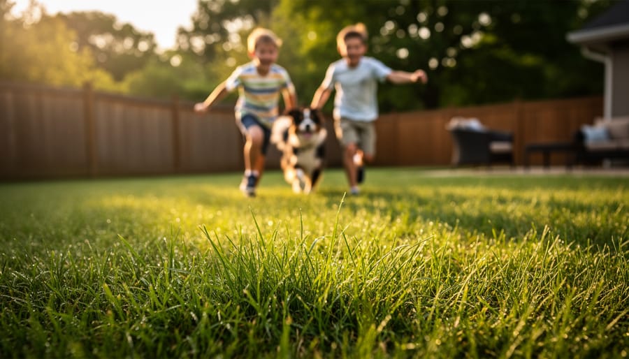 Low-angle view of a dense, healthy green backyard lawn in sharp focus while two children chase a medium-sized dog in a softly blurred background at golden hour, conveying tough turf that withstands heavy family use.