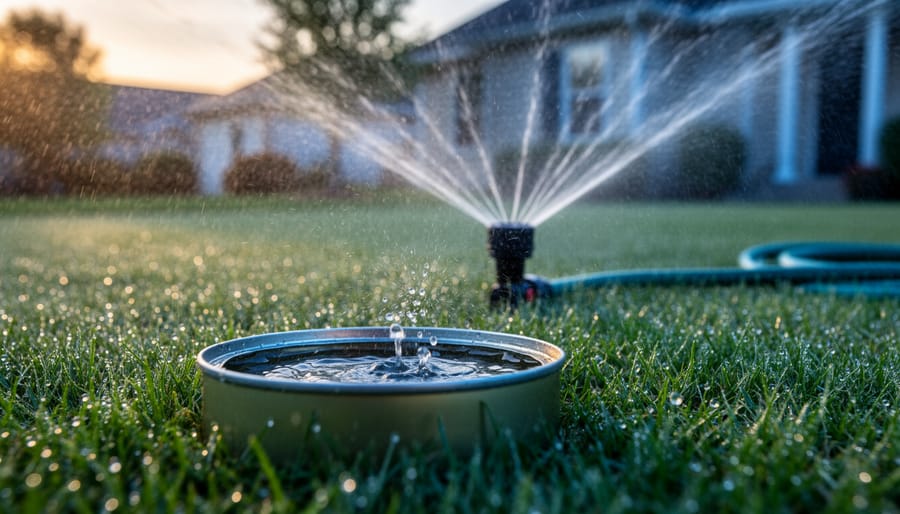 Low-angle close-up of an oscillating sprinkler watering a green suburban lawn at dawn, with an open unlabeled tuna can in the foreground collecting water under soft golden light; blurred house and trees in the background.