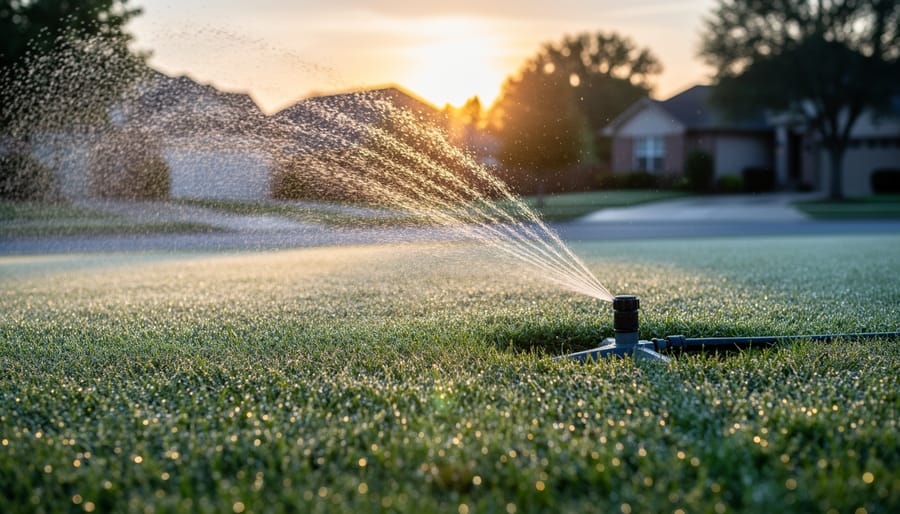 Sprinkler watering grass in early morning with water droplets visible on green lawn