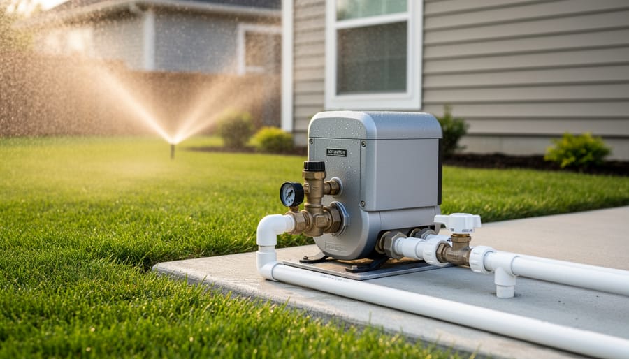 Electric irrigation pump on a concrete pad next to a suburban home with PVC piping and valves, while sprinklers water a vibrant green lawn under soft morning light.