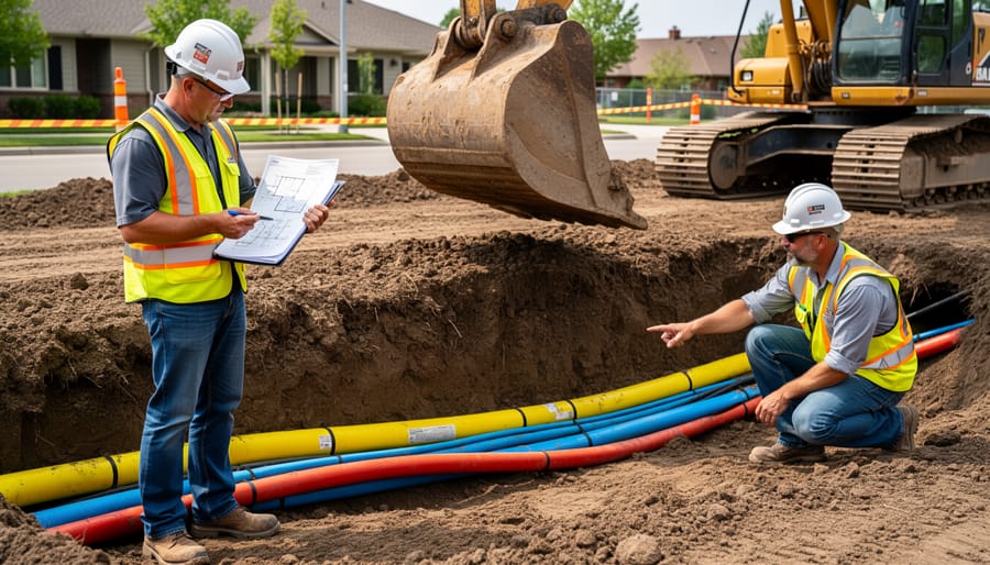 Exposed underground utility cables and conduit visible in excavated backyard trench