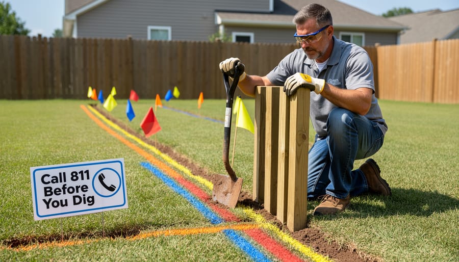 Homeowner digging fence post hole in backyard with post hole digger