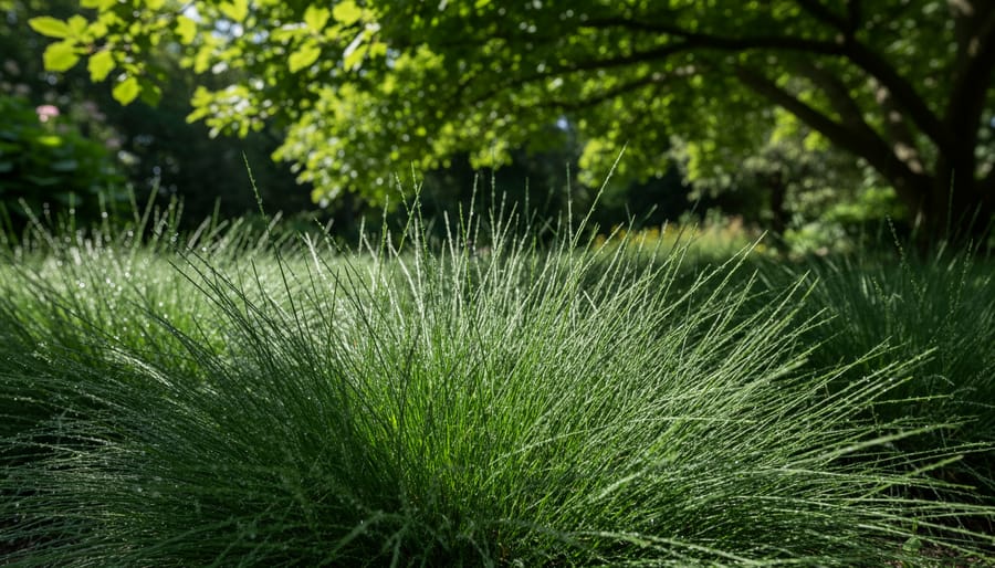 Close-up of healthy fine fescue grass growing densely in shaded area