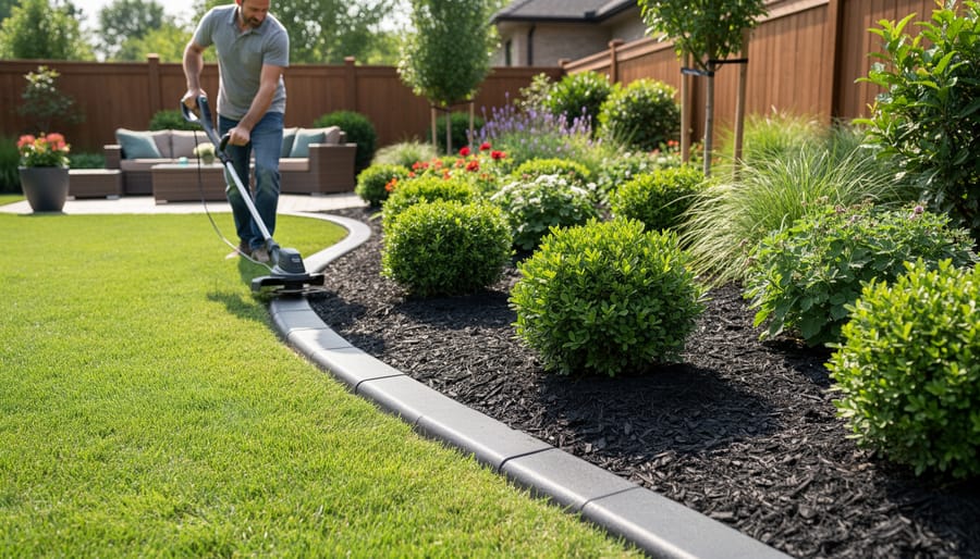 Gardener using edging tool to maintain clean border between garden bed and lawn