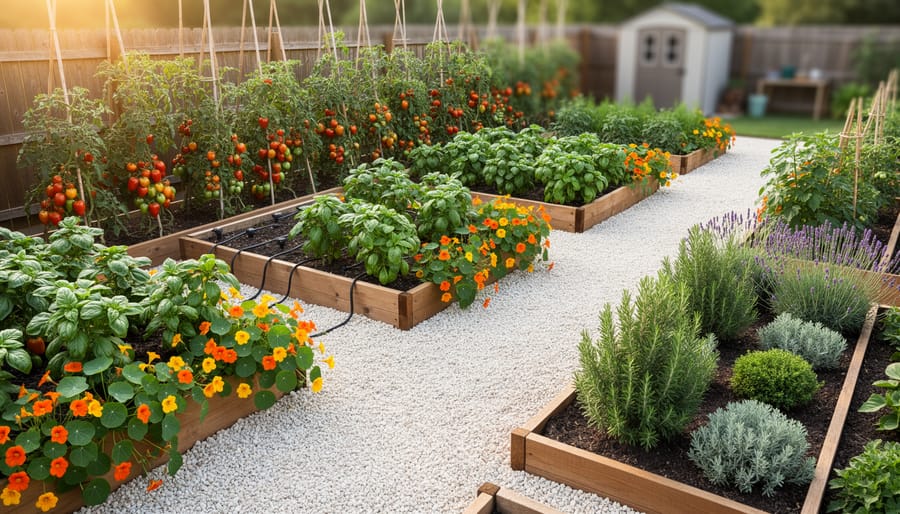 Backyard raised beds with tall staked tomatoes at the back, mid-height peppers and basil, trailing nasturtiums, drip-irrigated vegetable bed next to gravel-mulched rosemary, thyme, and lavender, wide gravel path in golden light.