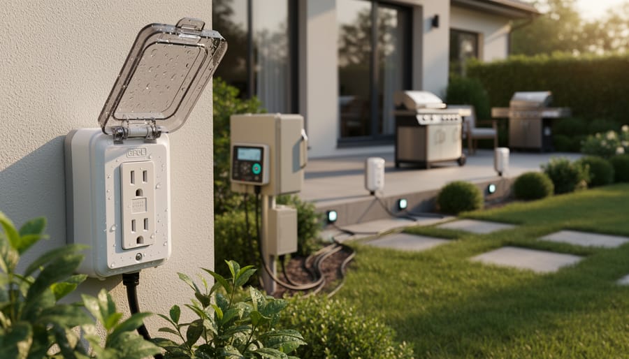 GFCI electrical outlet in weatherproof enclosure mounted on exterior wall