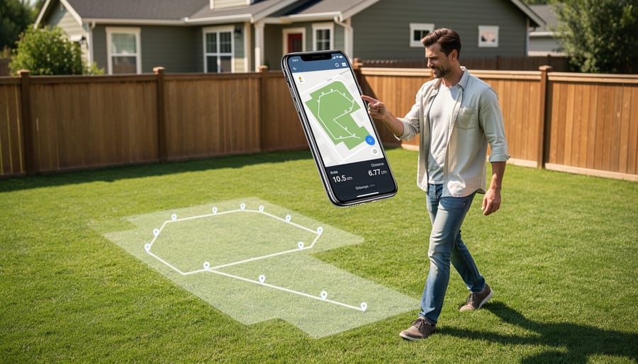 Hand holding smartphone showing aerial satellite view of backyard over actual yard