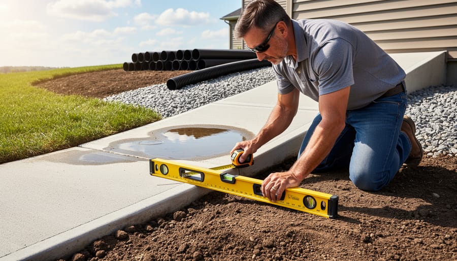 Landscaper's hands using level tool on freshly graded topsoil