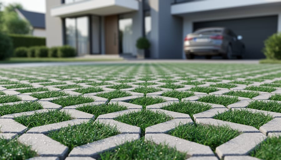Residential driveway with grass growing through permeable grid paver system