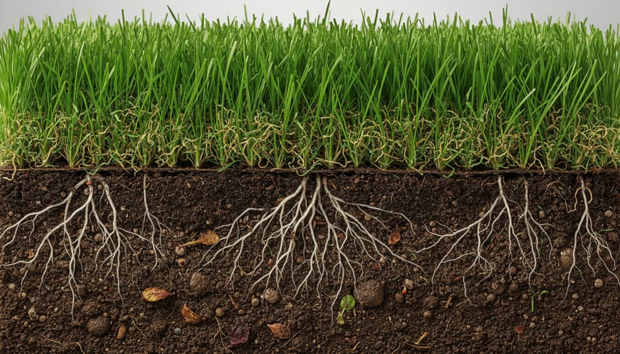 Close-up of healthy grass roots growing through nutrient-rich soil