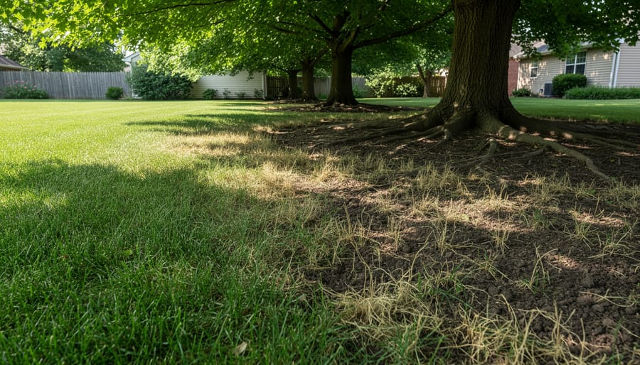 Thin patchy grass growing under tree shade showing bare spots and struggling turf
