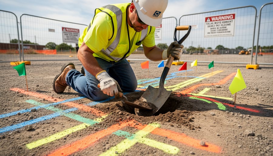 Worker using manual digging tool near yellow utility marking indicating gas line location