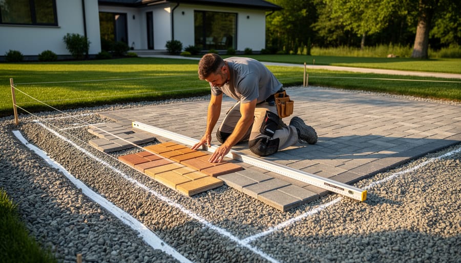 Contractor kneeling over a marked-out patio with compacted gravel base, string lines, and a gravel drainage trench, arranging paver samples and checking slope with a straightedge at golden hour; blurred house, lawn, and trees behind.