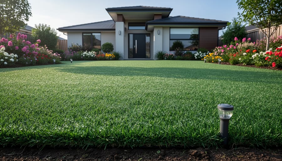 Lush healthy green lawn with morning dew showing results of proper irrigation