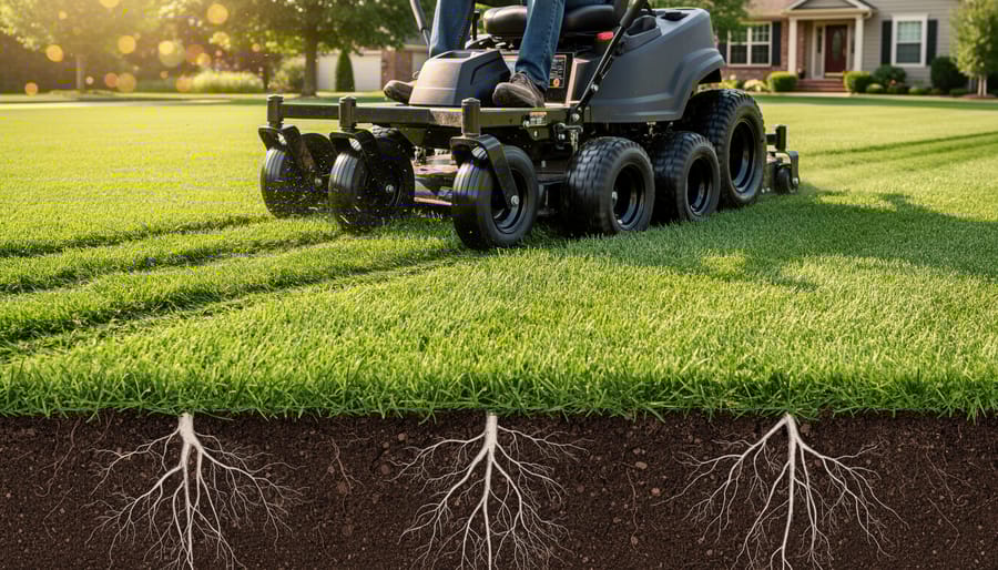Close-up of healthy lawn grass showing minimal soil compaction and strong roots