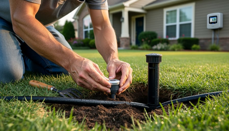 Homeowner installing soil moisture sensor near lawn sprinkler head