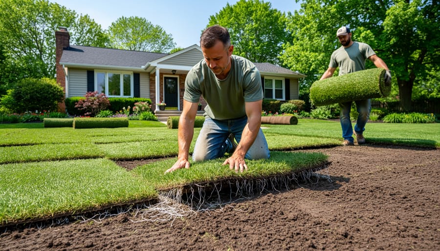 Hands laying warm-season grass sod on prepared soil during installation