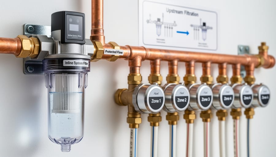 Inline water filter installed on drip irrigation system to protect zone valves