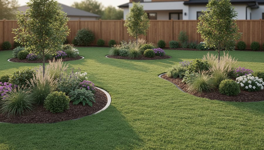 Curved island garden bed with layered plantings surrounded by green lawn