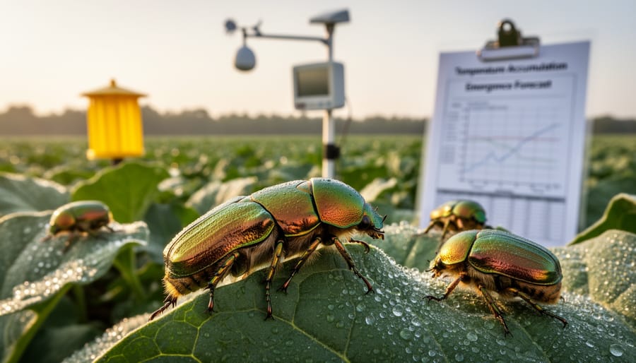 Close-up of Japanese beetles feeding on ornamental rose flowers and foliage